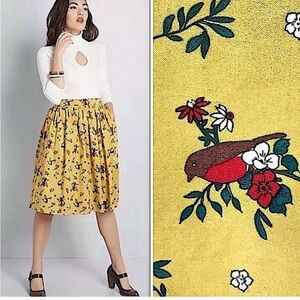 MODCLOTH X COLLECTIF Plus Size Bird Print Skater Skirt Pockets Mustard Retro